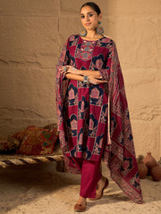 Purple Self Design Straight Kurta Trousers With Dupatta Set