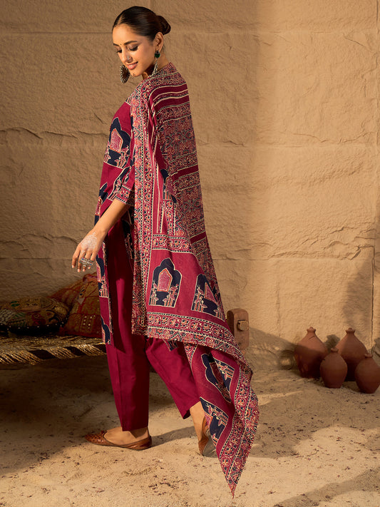 Purple Self Design Straight Kurta Trousers With Dupatta Set