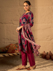 Purple Self Design Straight Kurta Trousers With Dupatta Set