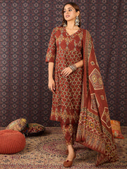 Black Printed Straight Kurta Trousers With Dupatta set