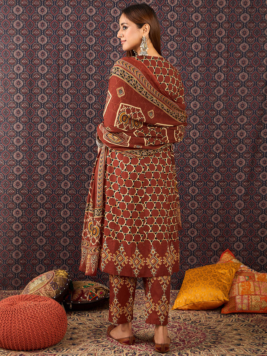 Black Printed Straight Kurta Trousers With Dupatta set
