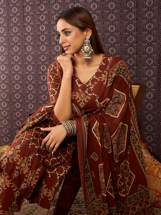 Black Printed Straight Kurta Trousers With Dupatta set
