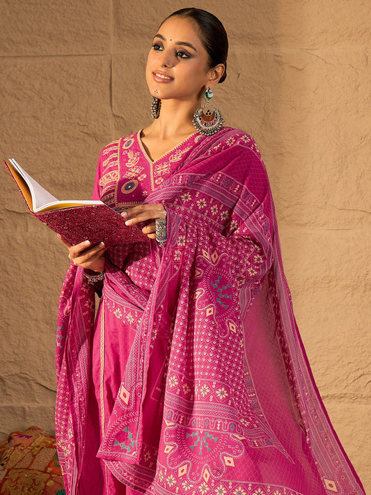 Black Printed Straight Kurta Trousers With Dupatta Set