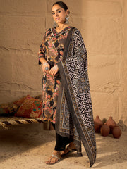 Purple Embroidered Straight Kurta Trousers With Dupatta Set