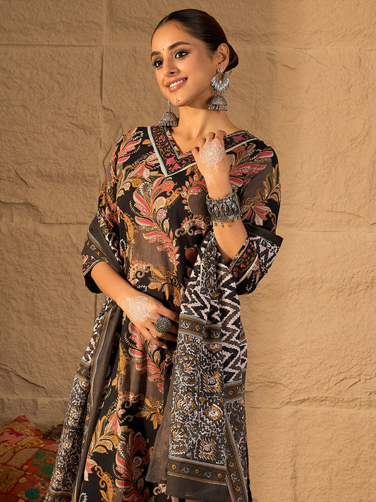 Purple Embroidered Straight Kurta Trousers With Dupatta Set