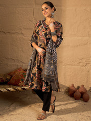 Purple Embroidered Straight Kurta Trousers With Dupatta Set