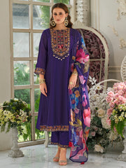Purple Embroidered A-Line Kurta Trousers With Dupatta Set