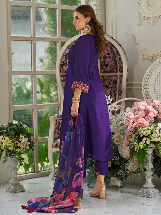 Purple Embroidered A-Line Kurta Trousers With Dupatta Set