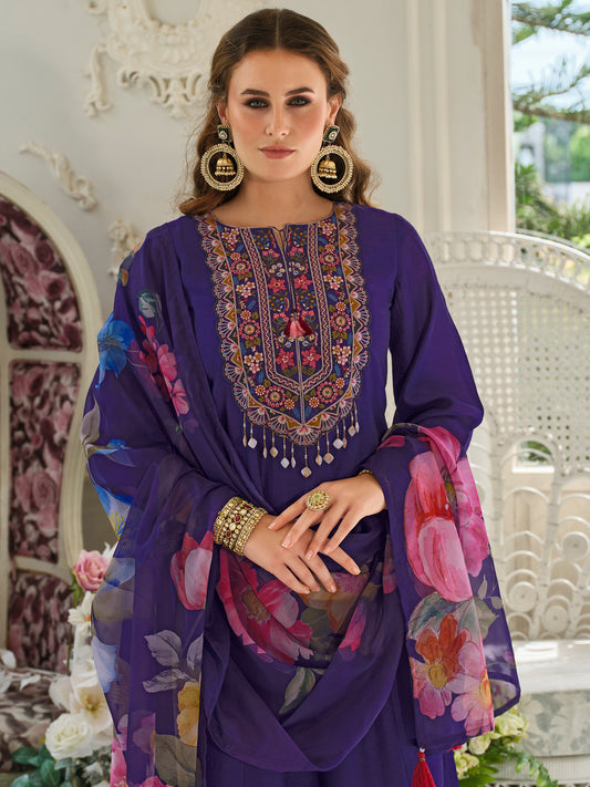 Purple Embroidered A-Line Kurta Trousers With Dupatta Set