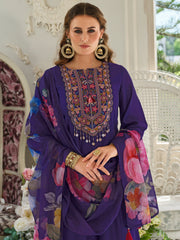 Purple Embroidered A-Line Kurta Trousers With Dupatta Set
