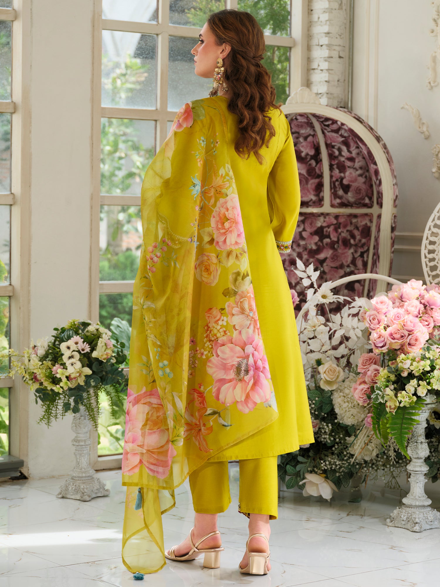 Mustard Embroidered A-Line Kurta Trousers With Dupatta Set
