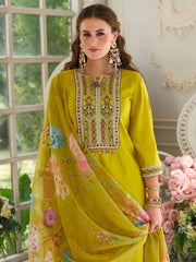 Mustard Embroidered A-Line Kurta Trousers With Dupatta Set