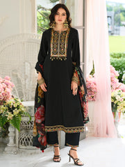 Black Embroidered A-Line Kurta Trousers With Dupatta Set