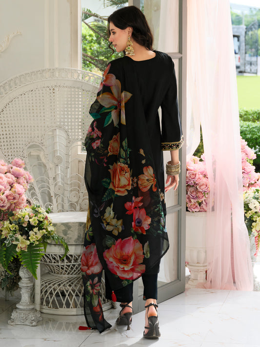 Black Embroidered A-Line Kurta Trousers With Dupatta Set
