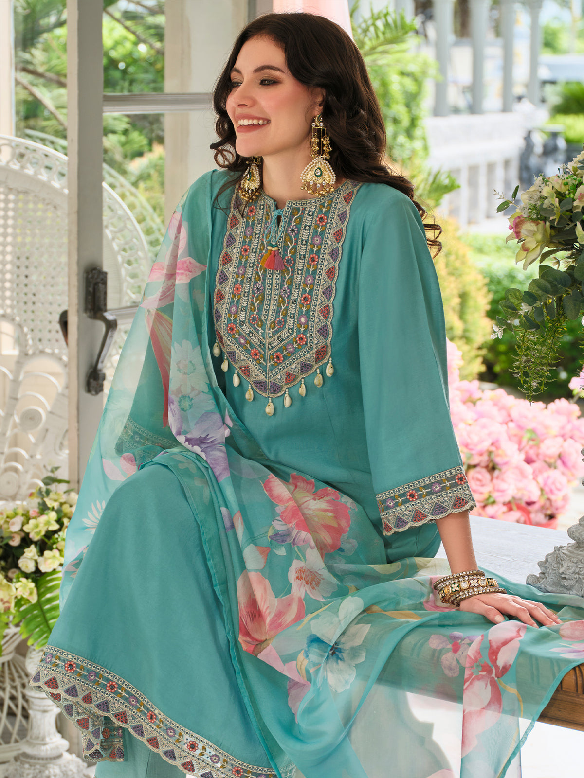 Sea Green Embroidered Straight Kurta Trousers With Dupatta Set
