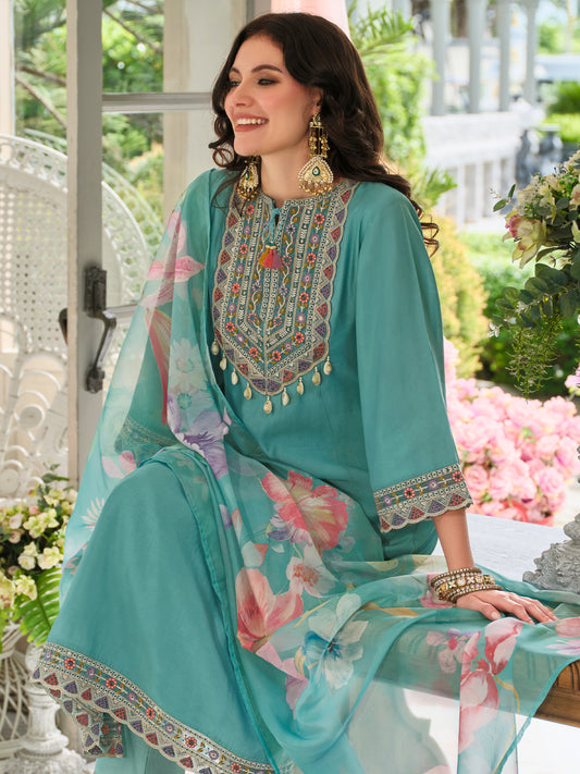 Sea Green Embroidered Straight Kurta Trousers With Dupatta Set
