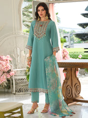 Sea Green Embroidered Straight Kurta Trousers With Dupatta Set