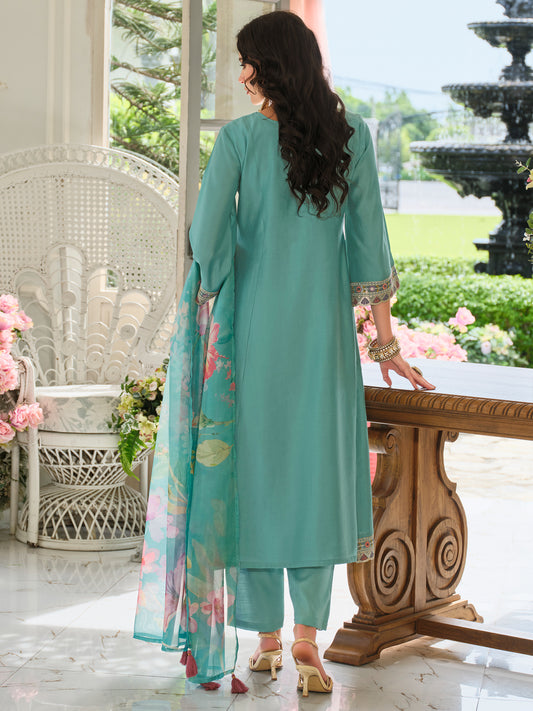 Sea Green Embroidered Straight Kurta Trousers With Dupatta Set