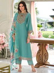 Sea Green Embroidered Straight Kurta Trousers With Dupatta Set