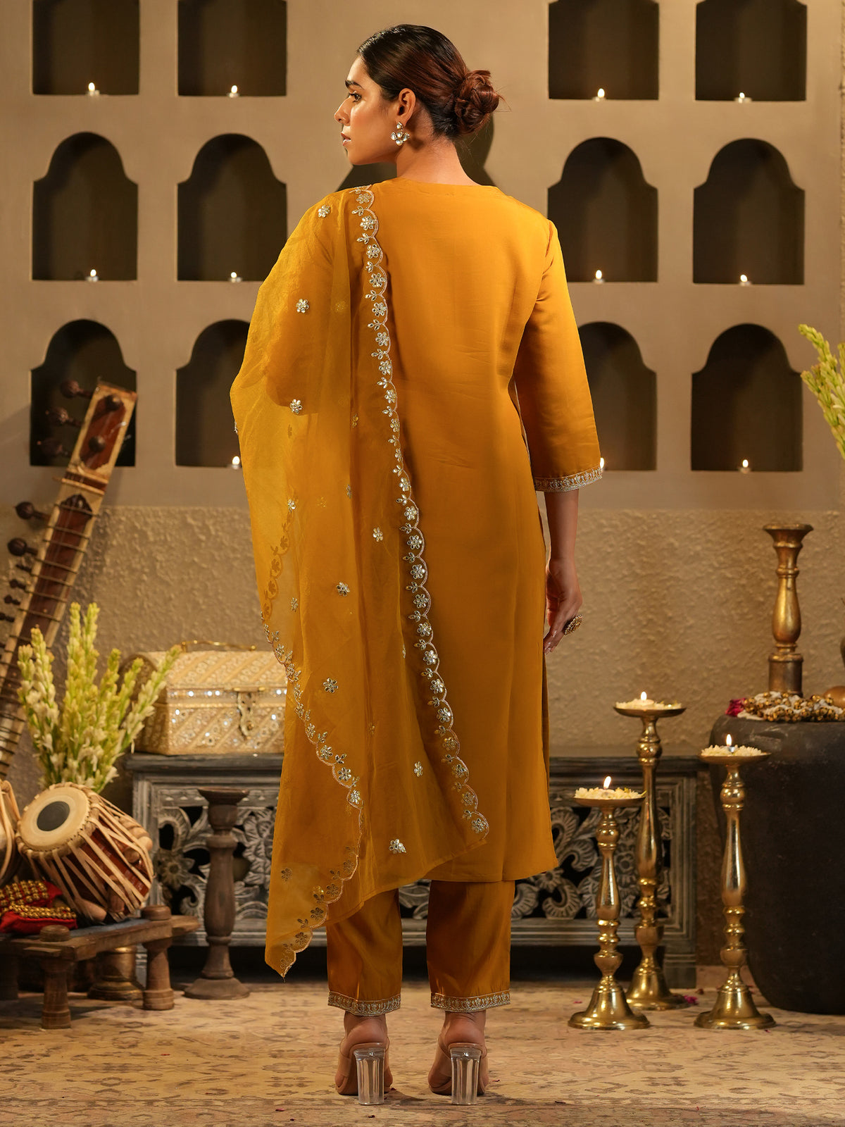 Mustard Embroidered Straight Kurta Trousers With Dupatta Set-KH9MT11740