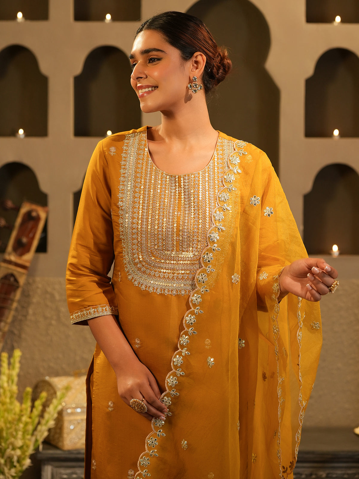 Mustard Embroidered Straight Kurta Trousers With Dupatta Set-KH9MT11740