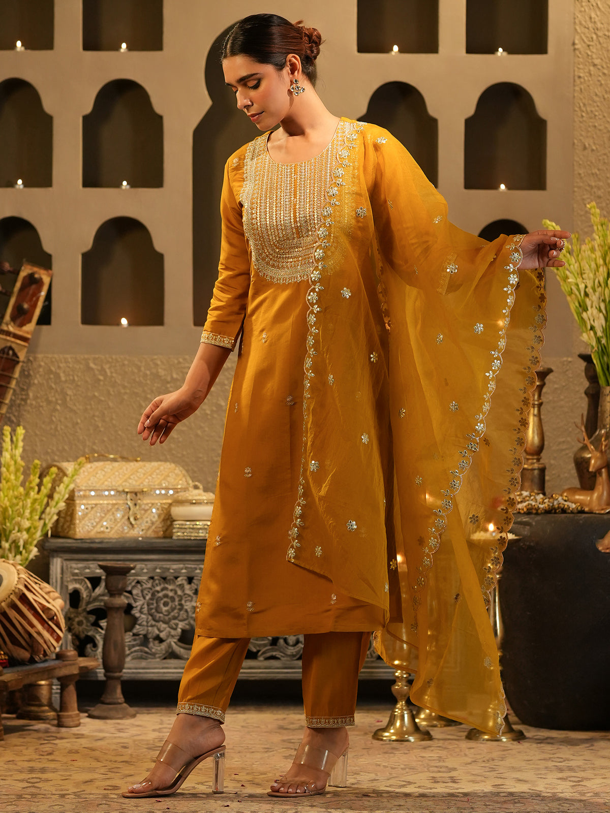 Mustard Embroidered Straight Kurta Trousers With Dupatta Set-KH9MT11740