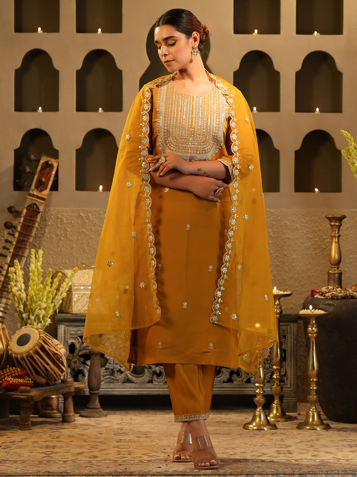 Mustard Embroidered Straight Kurta Trousers With Dupatta Set-KH9MT11740