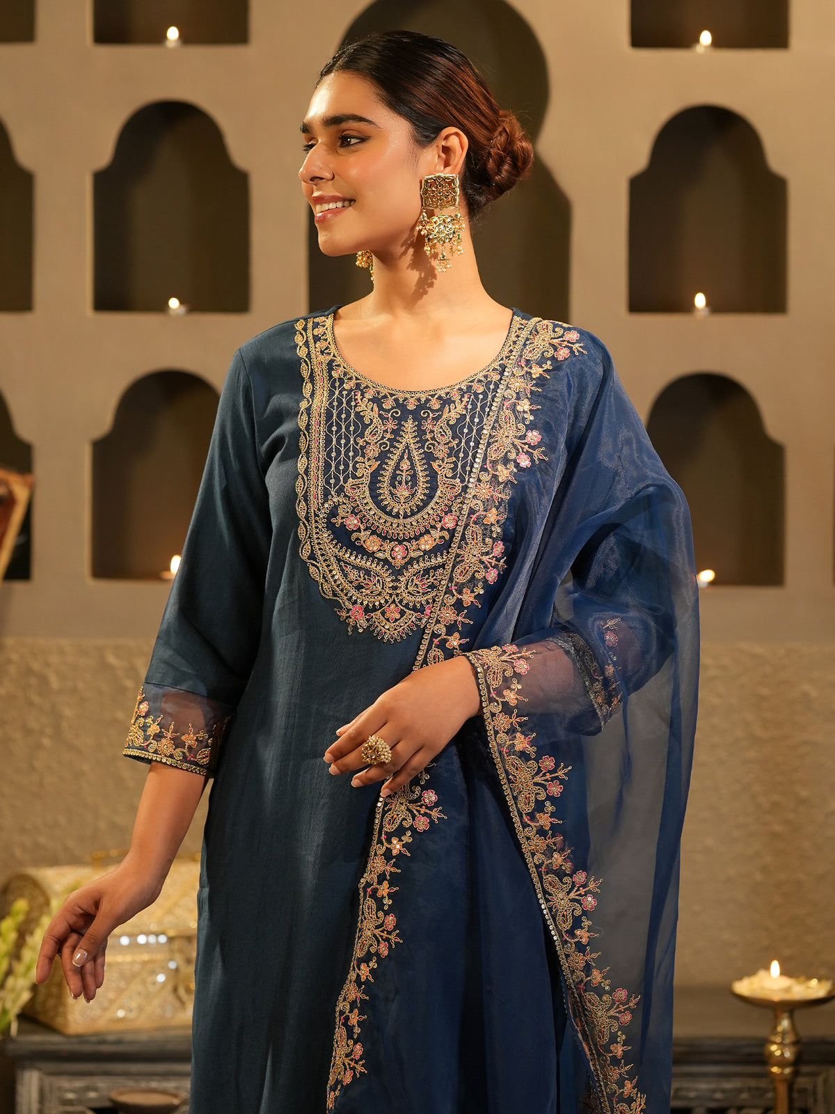 Purple Printed Straight Kurta Trousers With Dupatta Set