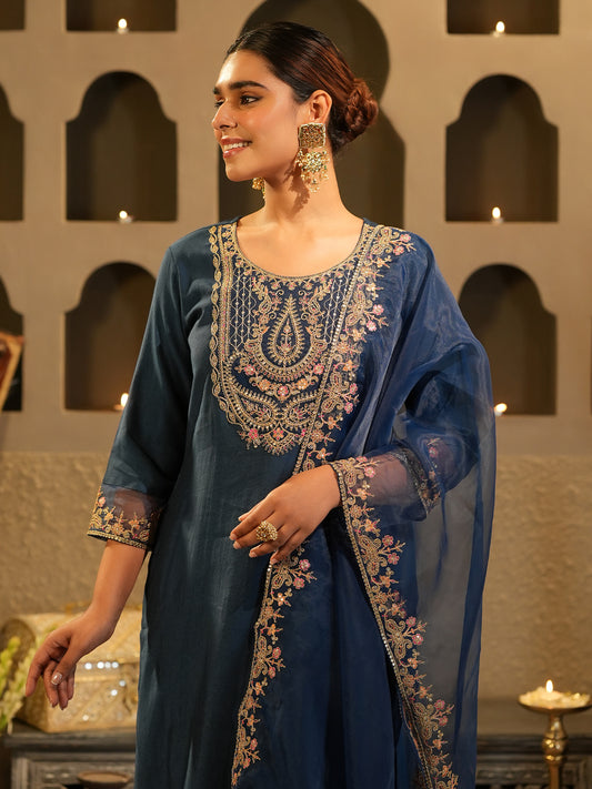 Purple Printed Straight Kurta Trousers With Dupatta Set