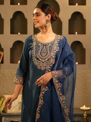 Purple Printed Straight Kurta Trousers With Dupatta Set
