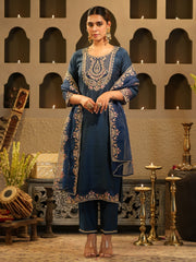 Purple Printed Straight Kurta Trousers With Dupatta Set