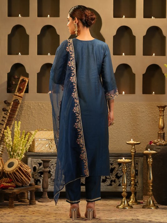 Purple Printed Straight Kurta Trousers With Dupatta Set