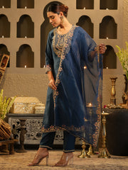 Purple Printed Straight Kurta Trousers With Dupatta Set