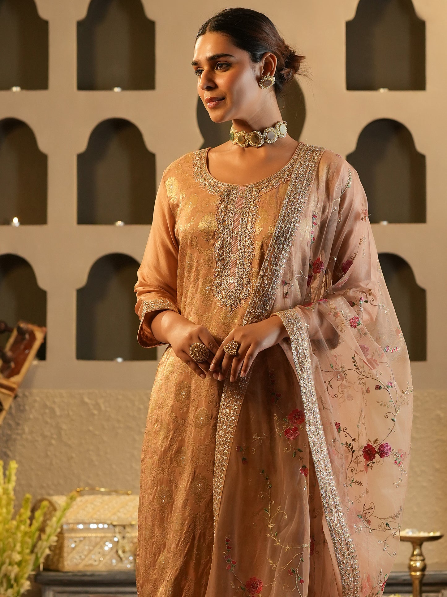 Peach Embroidered Straight Kurta Trousers With Dupatta Set