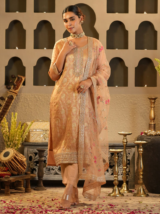 Peach Embroidered Straight Kurta Trousers With Dupatta Set