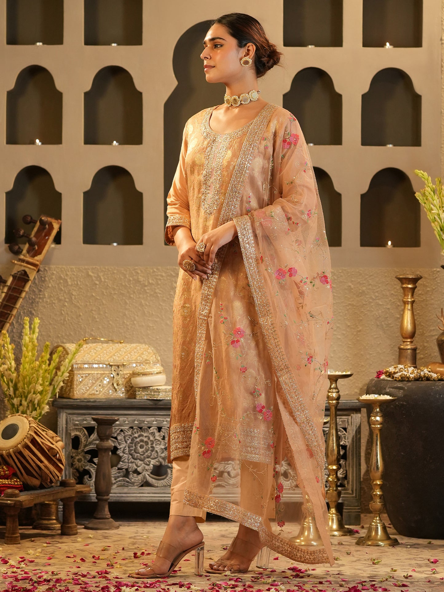 Peach Embroidered Straight Kurta Trousers With Dupatta Set