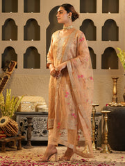 Peach Embroidered Straight Kurta Trousers With Dupatta Set