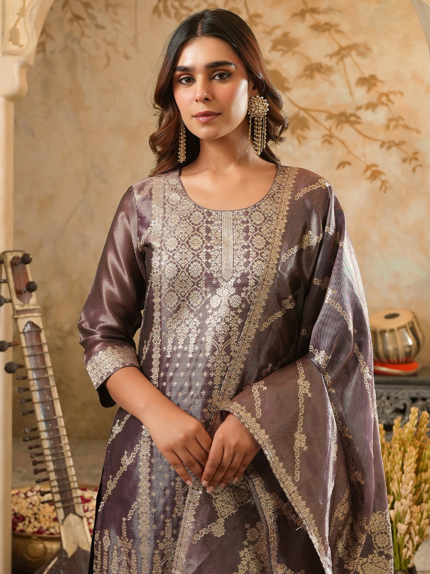 Burgundy Woven Design Straight Kurta Trousers With Dupatta Set