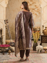 Burgundy Woven Design Straight Kurta Trousers With Dupatta Set
