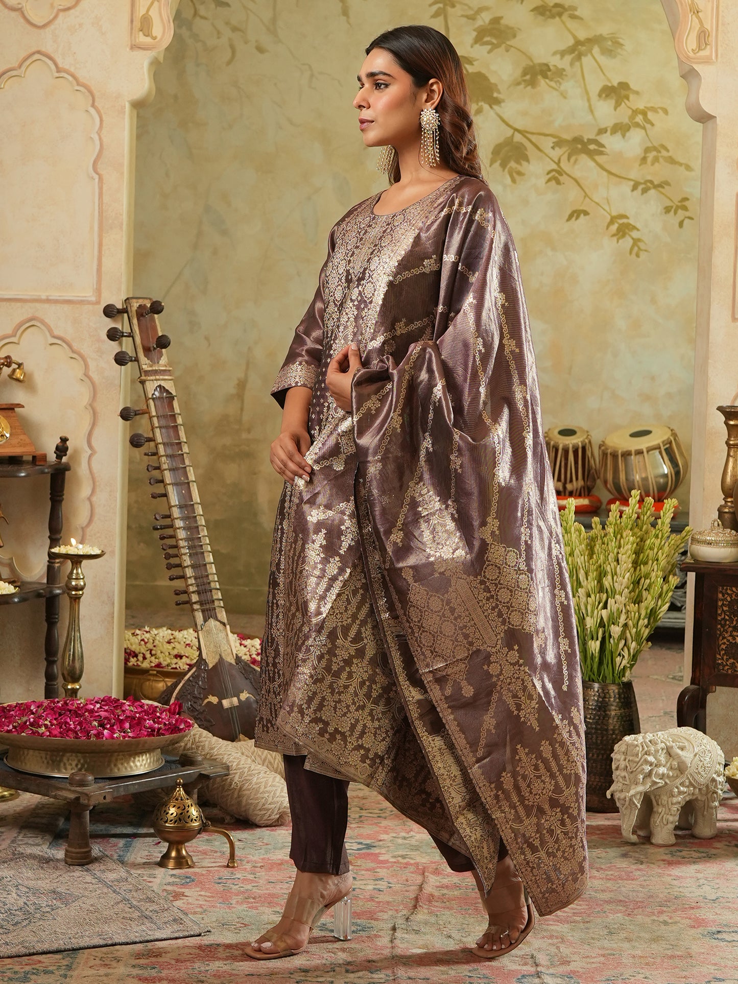 Burgundy Woven Design Straight Kurta Trousers With Dupatta Set
