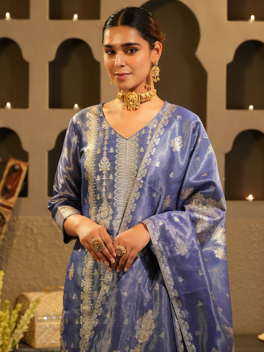 Purple Self Design Straight Kurta Trousers With Dupatta Set