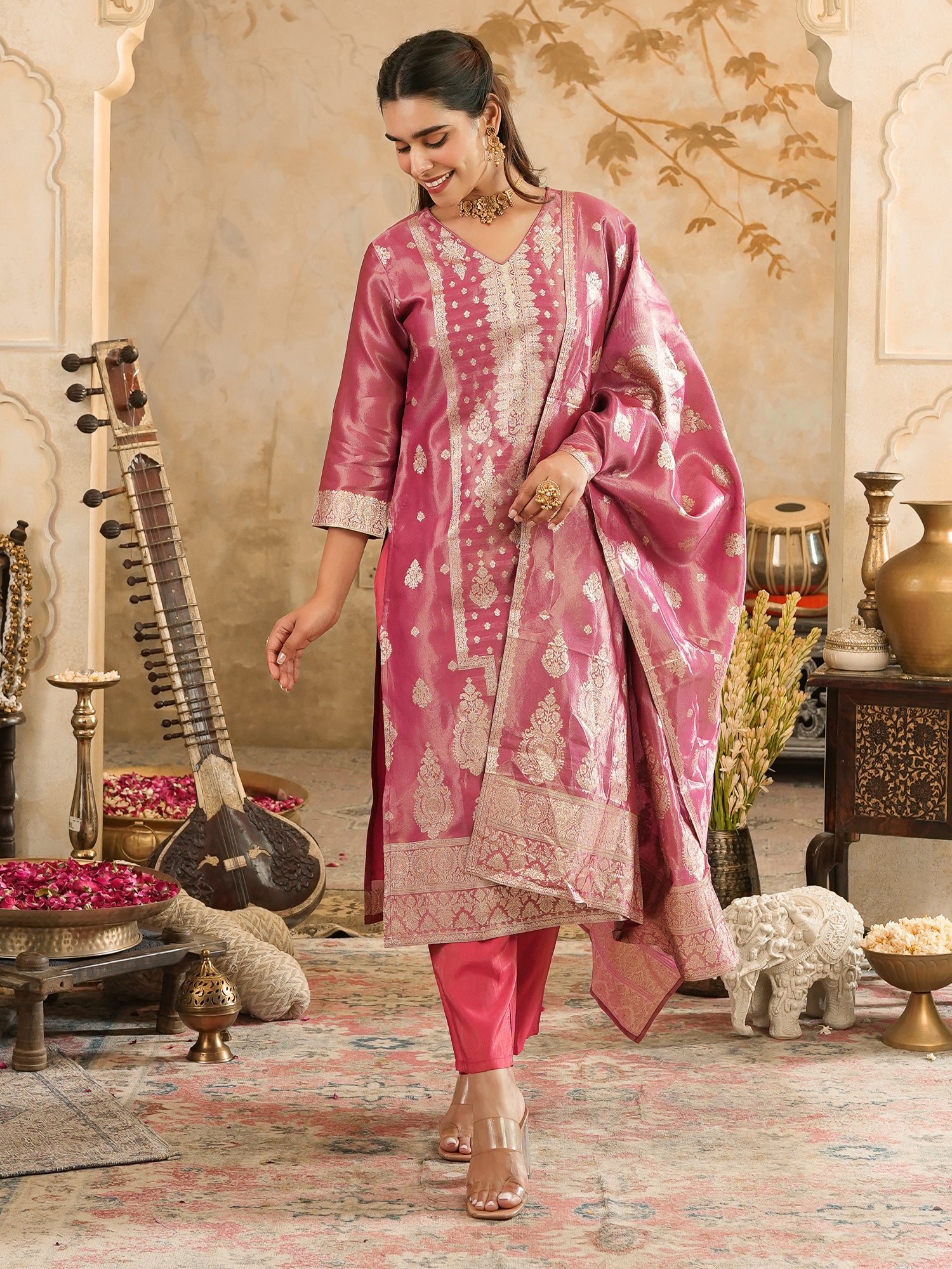 Pink Woven Design Straight Kurta Trousers With Dupatta Set