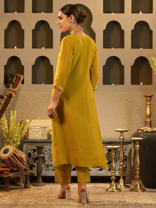 Indo Era Mustard Embroidered A-Line Kurta Trousers Set