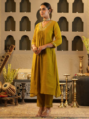 Indo Era Mustard Embroidered A-Line Kurta Trousers Set