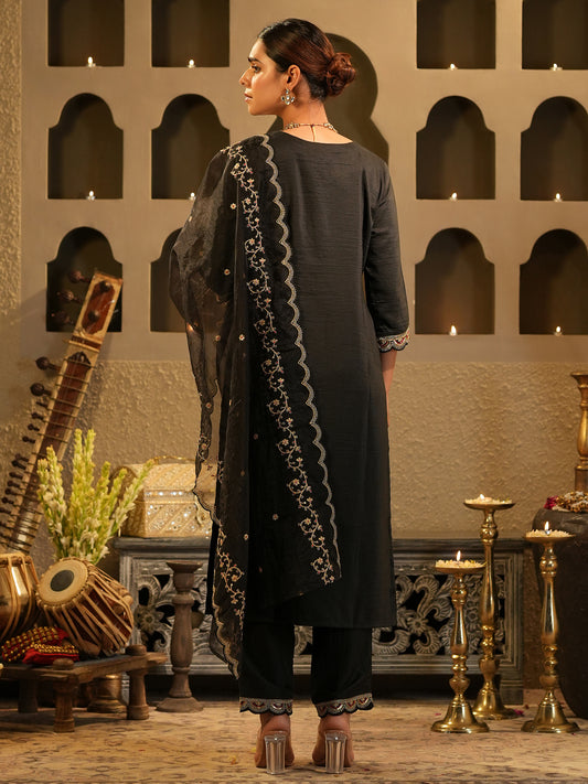 Multi Printed A-Line Kurta Trousers With Dupatta Set