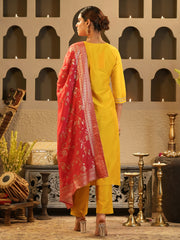 Blue Printed Straight Kurta Trousers With Dupatta set