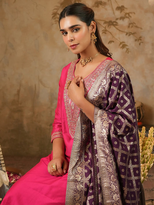 Pink Embroidered Straight Kurta Trousers With Dupatta set