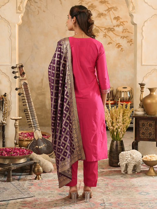 Pink Embroidered Straight Kurta Trousers With Dupatta set