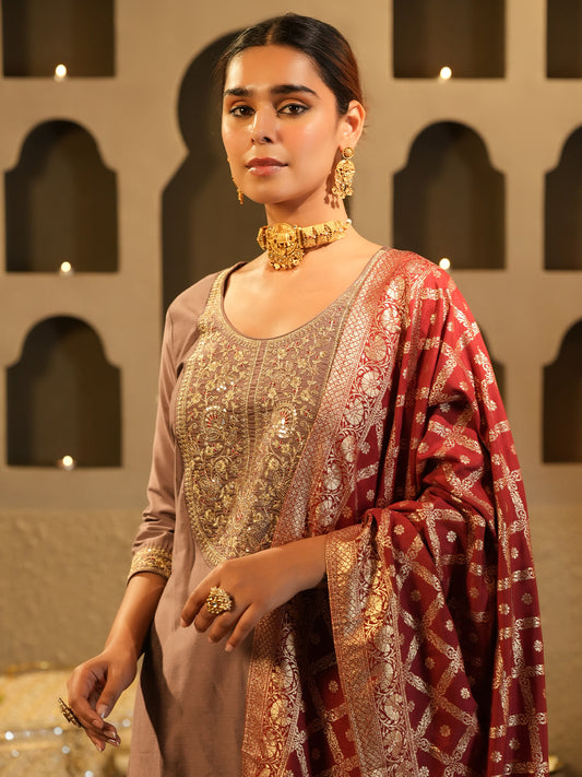 Maroon Embroidered Straight Kurta Trousers With Dupatta Set