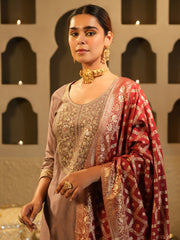 Maroon Embroidered Straight Kurta Trousers With Dupatta Set
